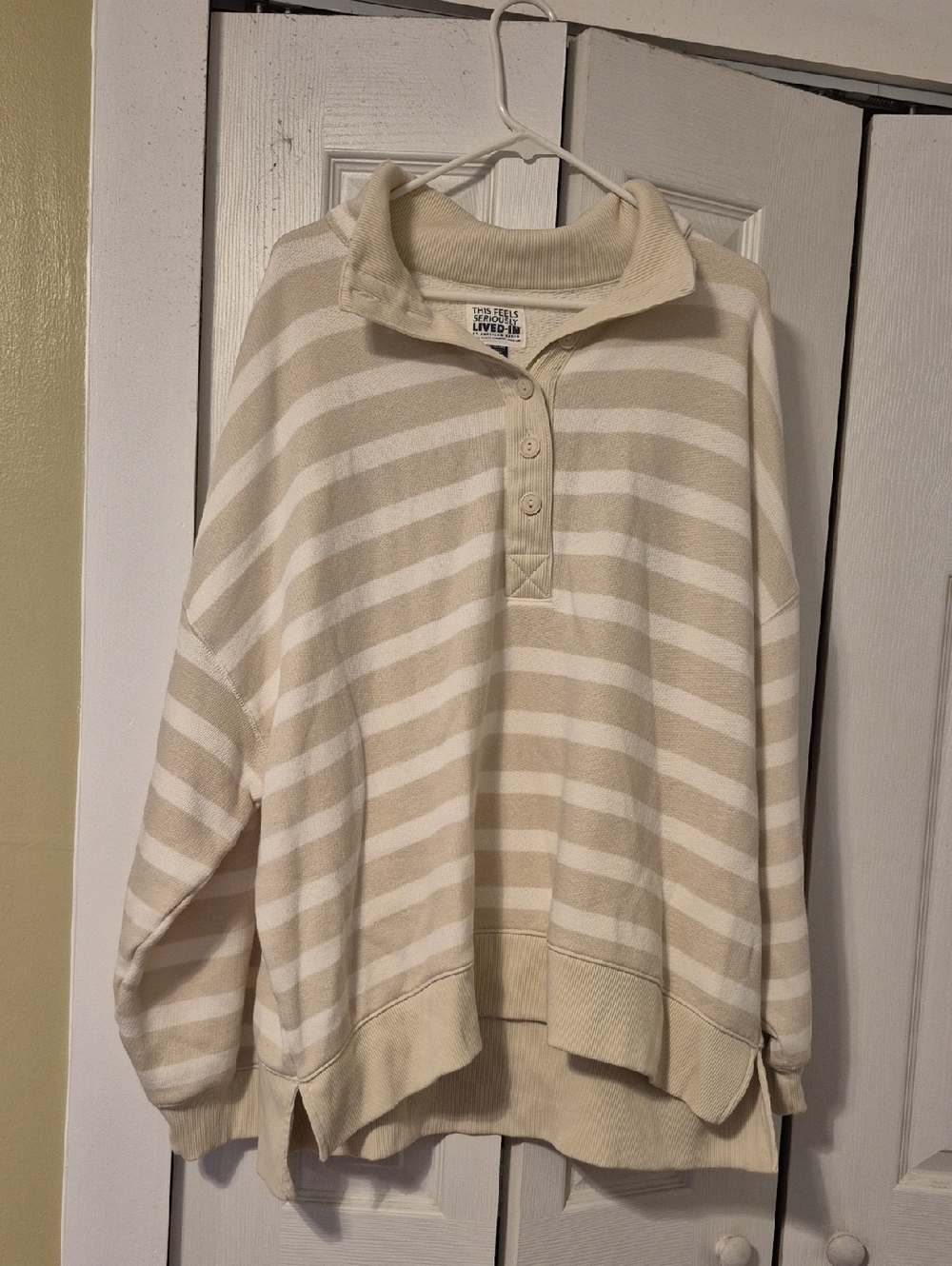 American Eagle Outfitters Cream and White Striped Henley Pullover